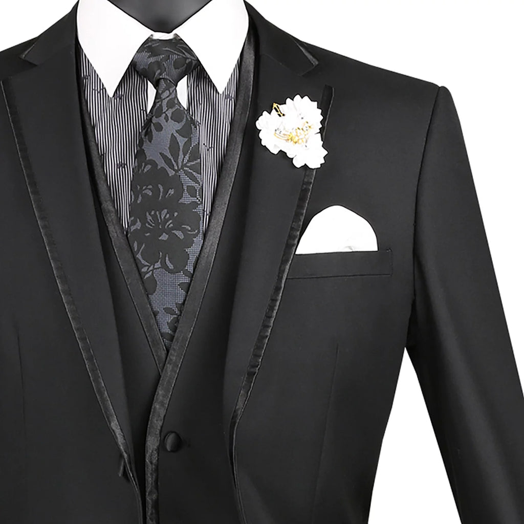 Men's Slim-Fit 3-Piece Textured Solid Lapel Suit - Black 50L W807