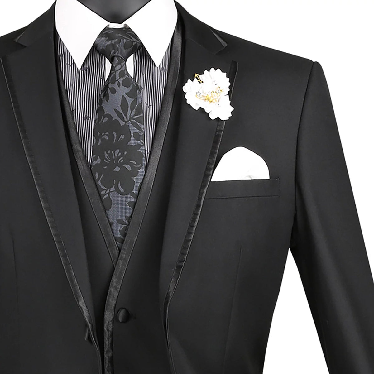 Men's Slim-Fit 3-Piece Textured Solid Lapel Suit - Black 50L W807