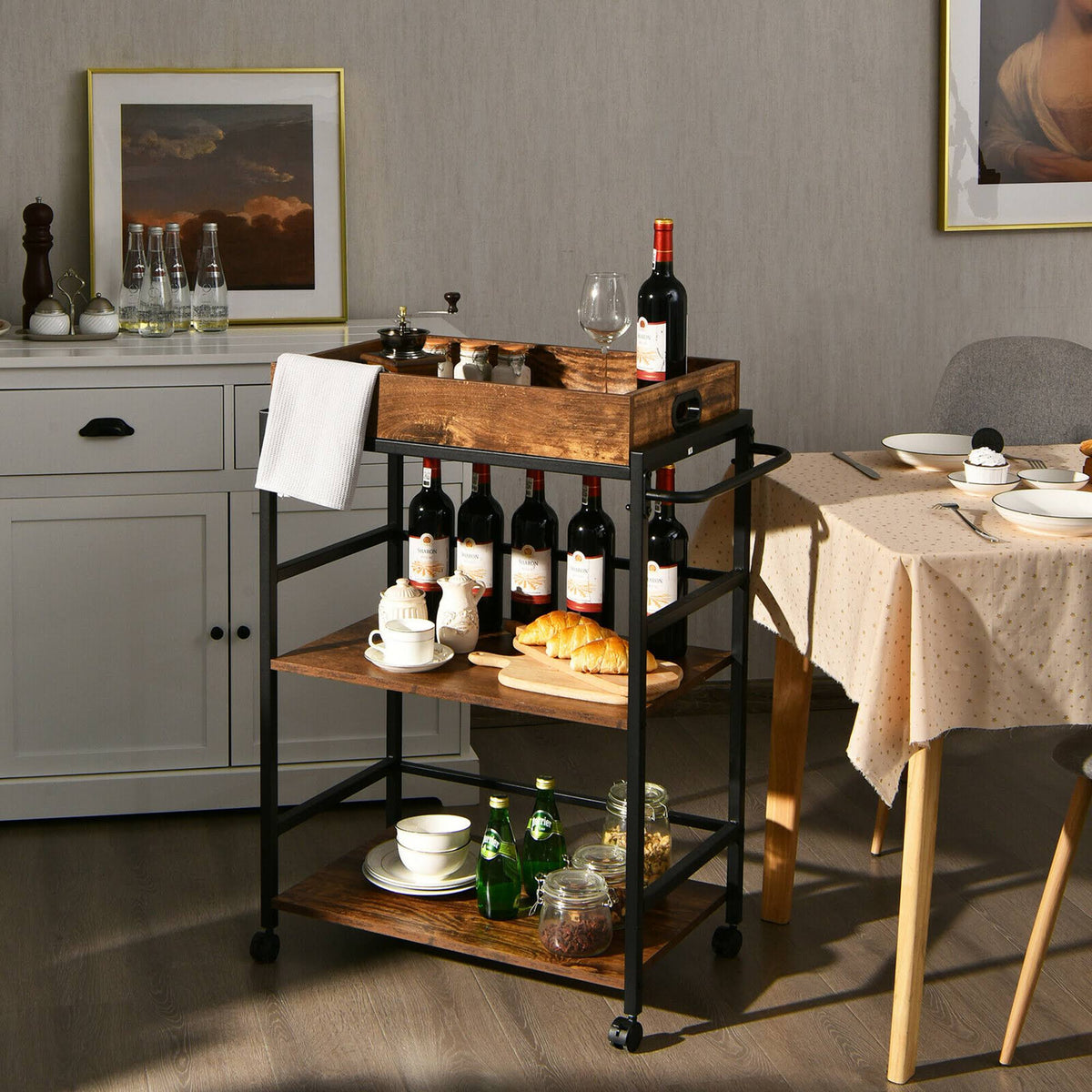 3-Tier Rolling Bar Cart with Removable Tray K1840