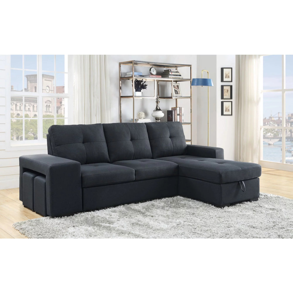 Dark Gray Fabric Sleeper Sectional Sofa with Storage Chaise R915