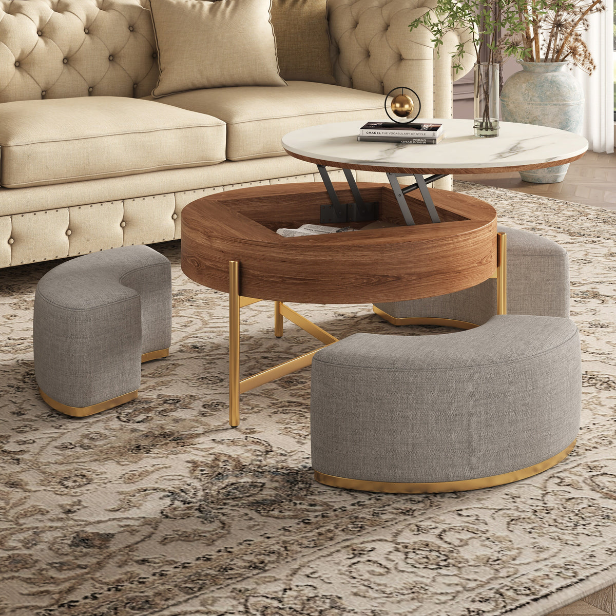Lift Top Nesting Coffee Table with Storage and 3 Stools Z3965