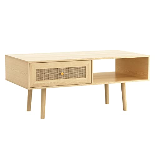 Natural Rattan Storage Drawer and Shelf Coffee Table J5682