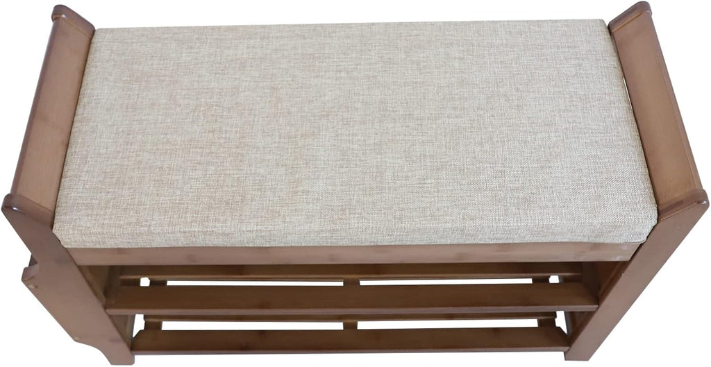 2 Tier Bamboo Shoe Bench with Seat Cushion X65362