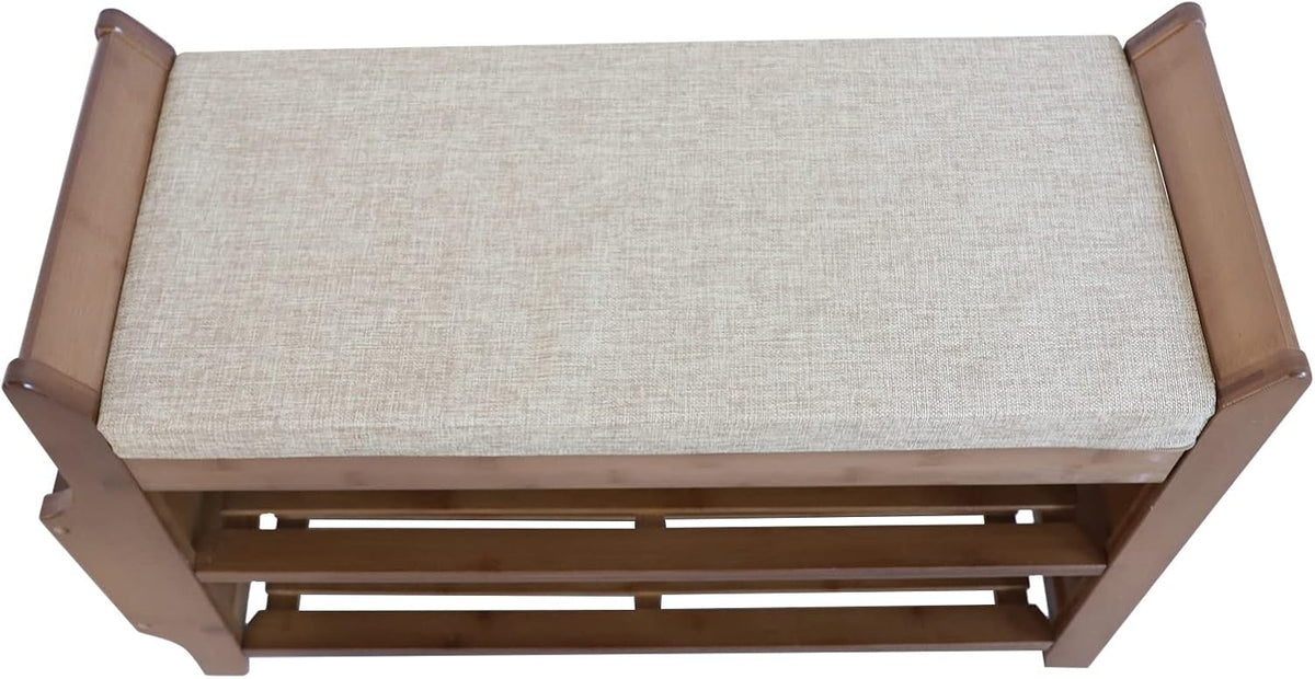 2 Tier Bamboo Shoe Bench with Seat Cushion X65362