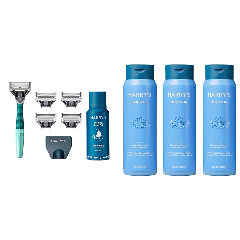 Men's Razor Set with 5 Razor Blade Refills, Travel Blade Cover, 2 oz Shave Gel (Sage) & Body Wash Shower Gel - Stone, 16 Fl Oz (Pack of 3) A552094