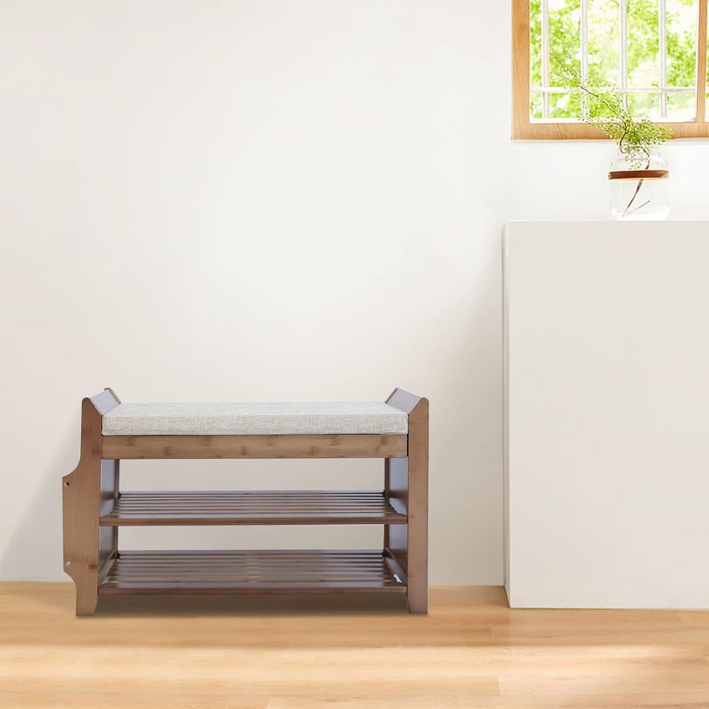 2 Tier Bamboo Shoe Bench with Seat Cushion X65362