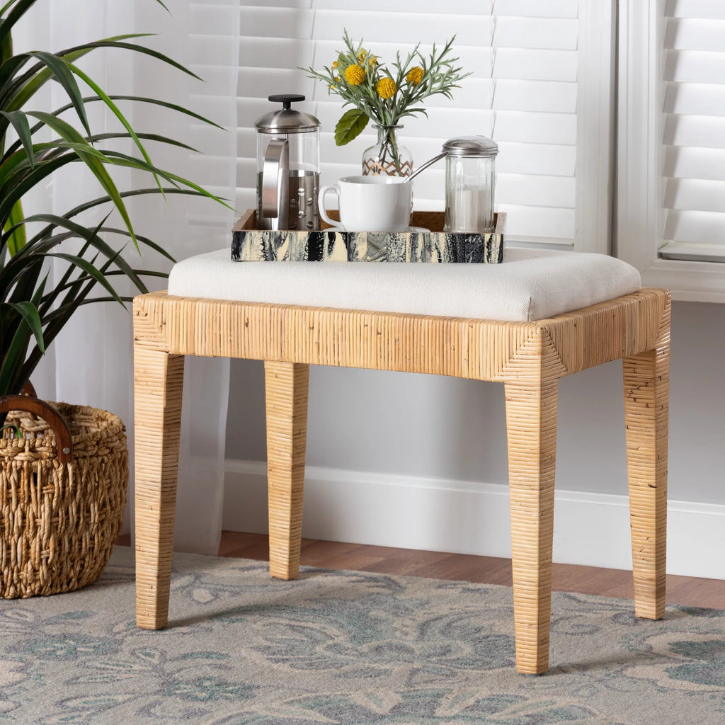 Natural Brown Rattan and Mahogany Wood Ottoman S6204