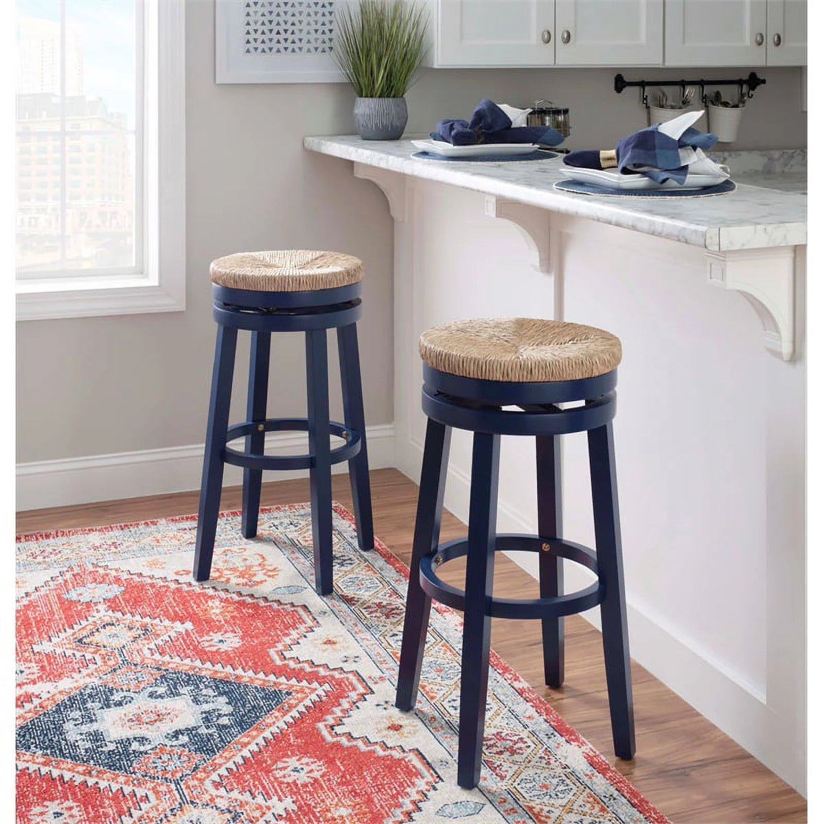 Navy Blue Wood Swivel Barstool P8245