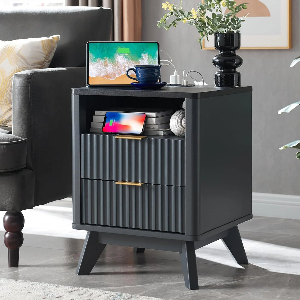 Mid-Century Modern Nightstand with Charging Station V4699