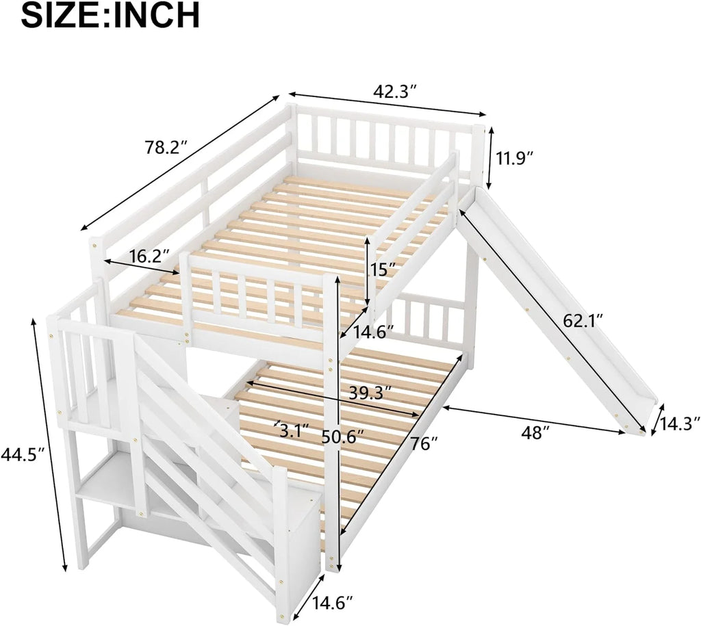 White Bunk Bed with Stairs and Slide T11733