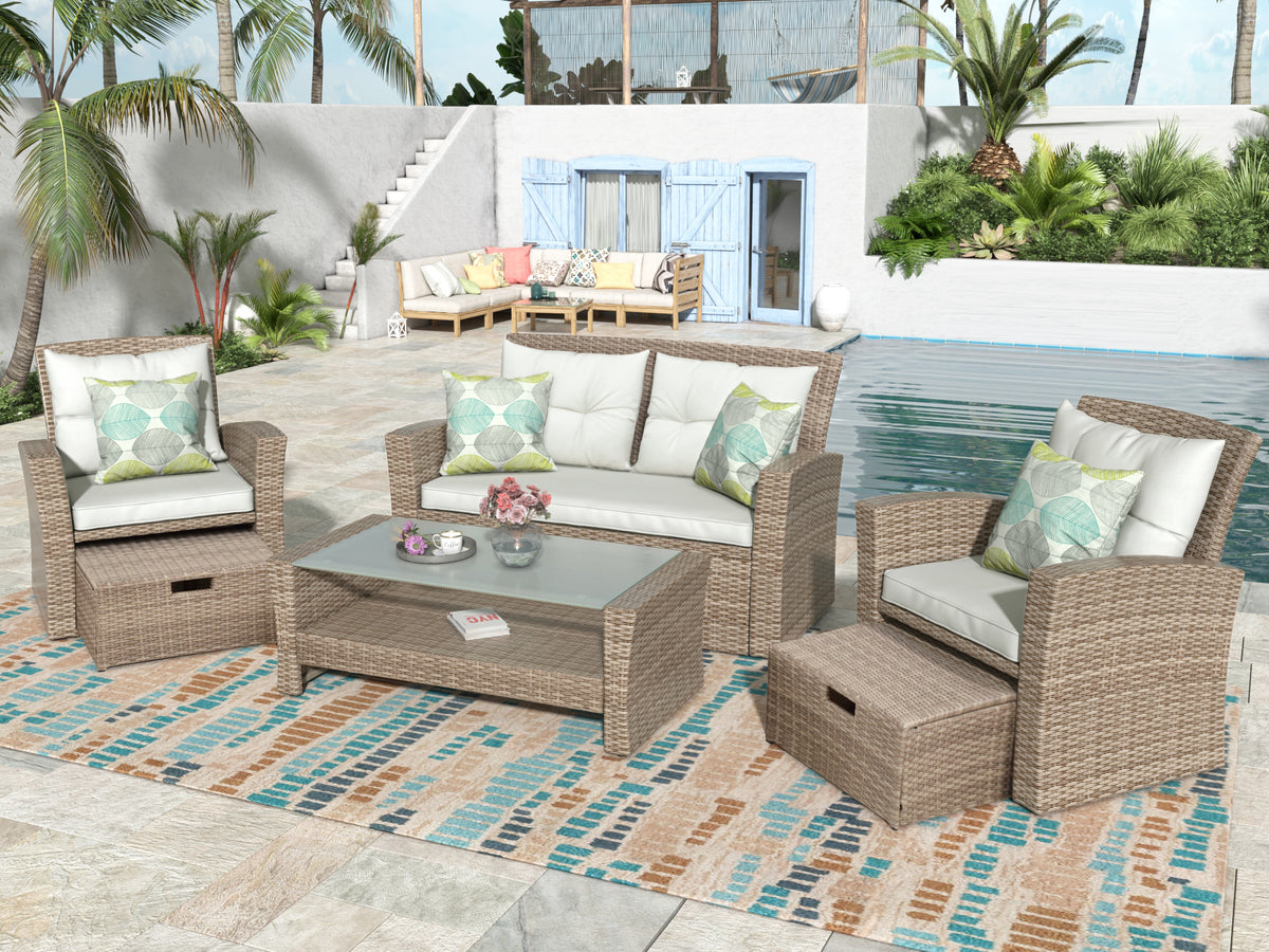 Patio Furniture Set of 4 Rattan Conversation Furniture with Ottoman and Glass Table E1939
