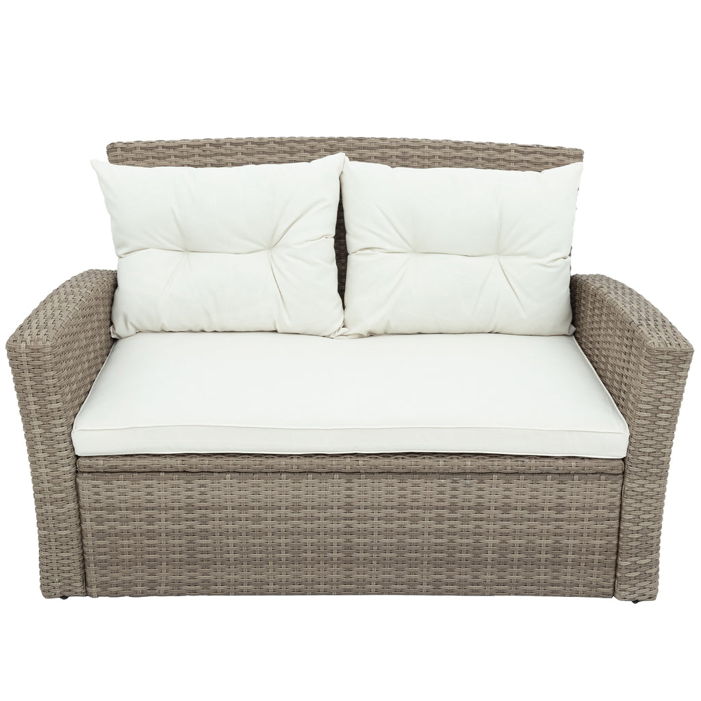 Patio Furniture Set of 4 Rattan Conversation Furniture with Ottoman and Glass Table E1939