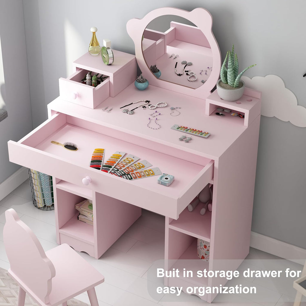 Pink Wooden Kids Vanity Set with Mirror and Stool E845
