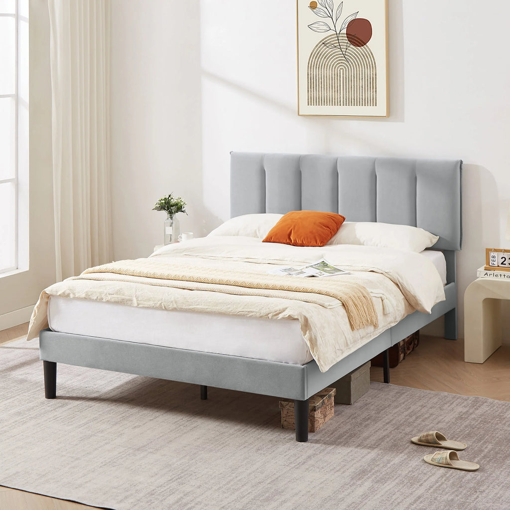 Queen Size Upholstered Platform Bed Frame with Adjustable Headboard O634946