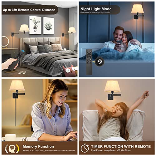 2 Pack Plug In Wall Sconces with Remote Control, White Fabric Shade D14361
