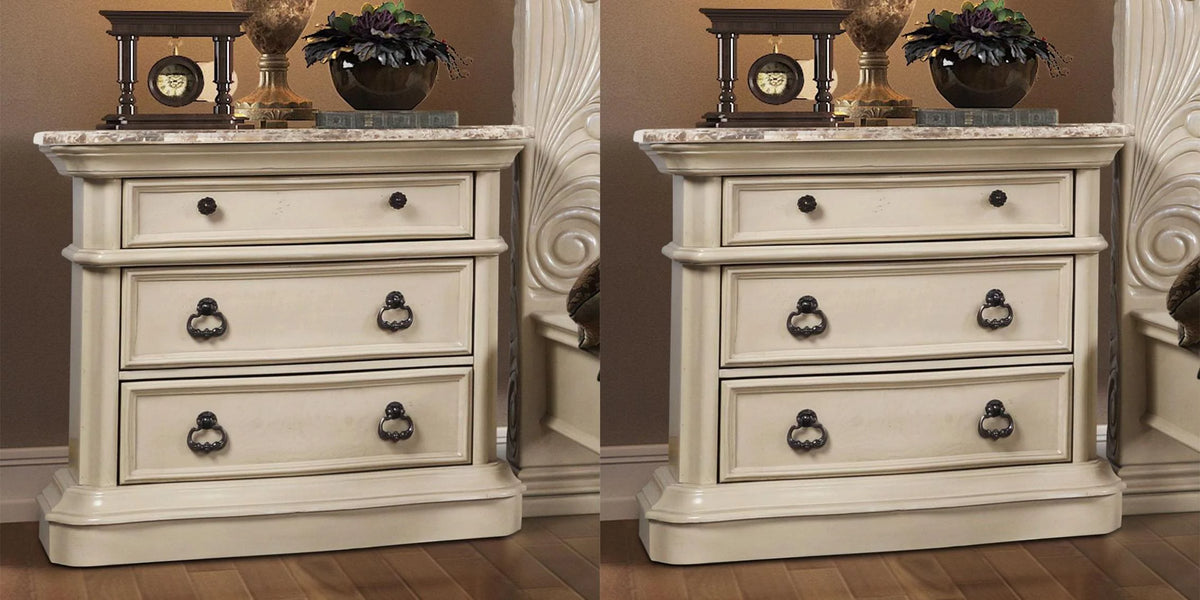 Antique White Solid Hardwood Nightstand Set 2 Pcs V32297
