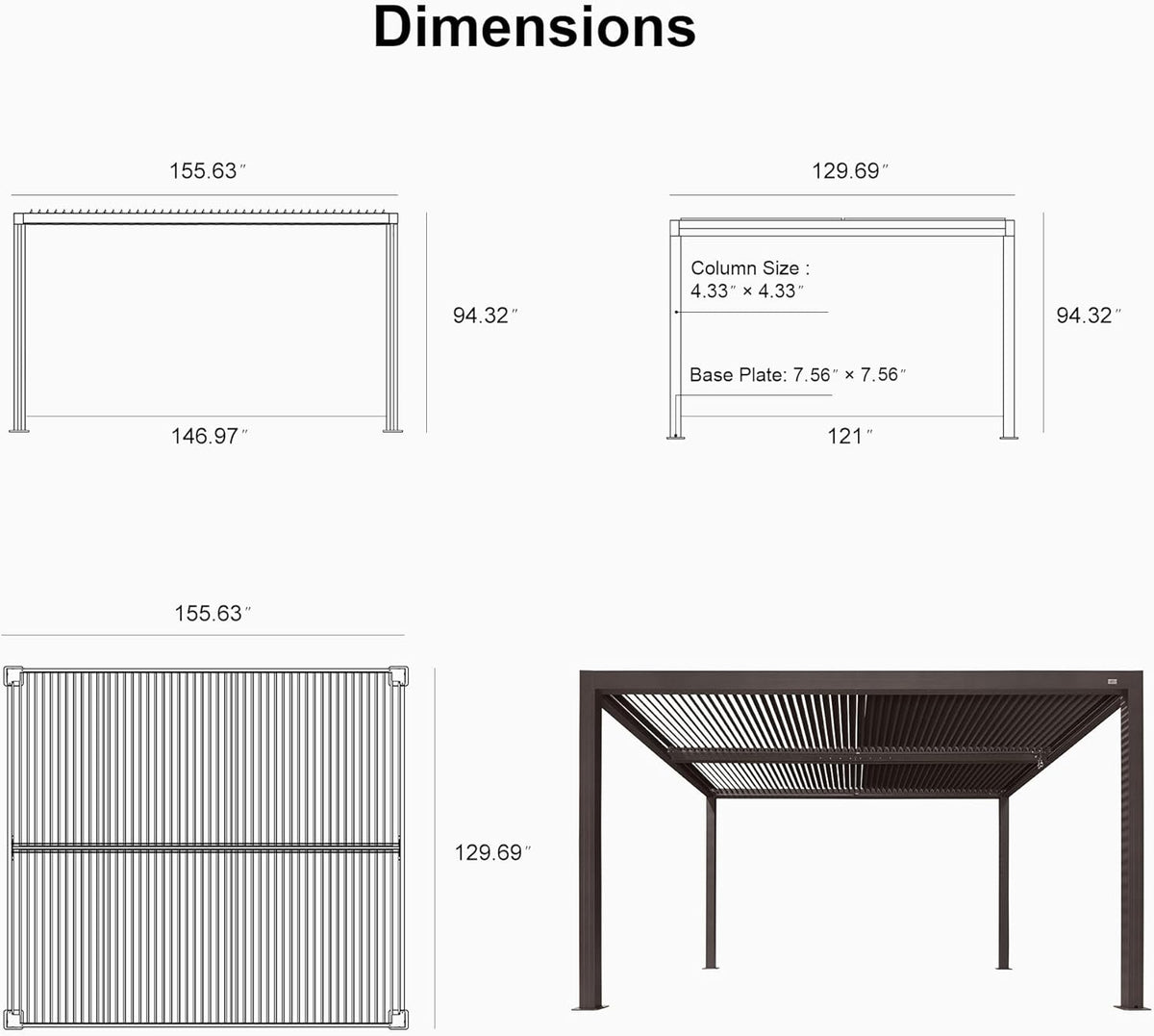 11' × 13' Louvered Aluminum Pergola with Roller Blinds P53705