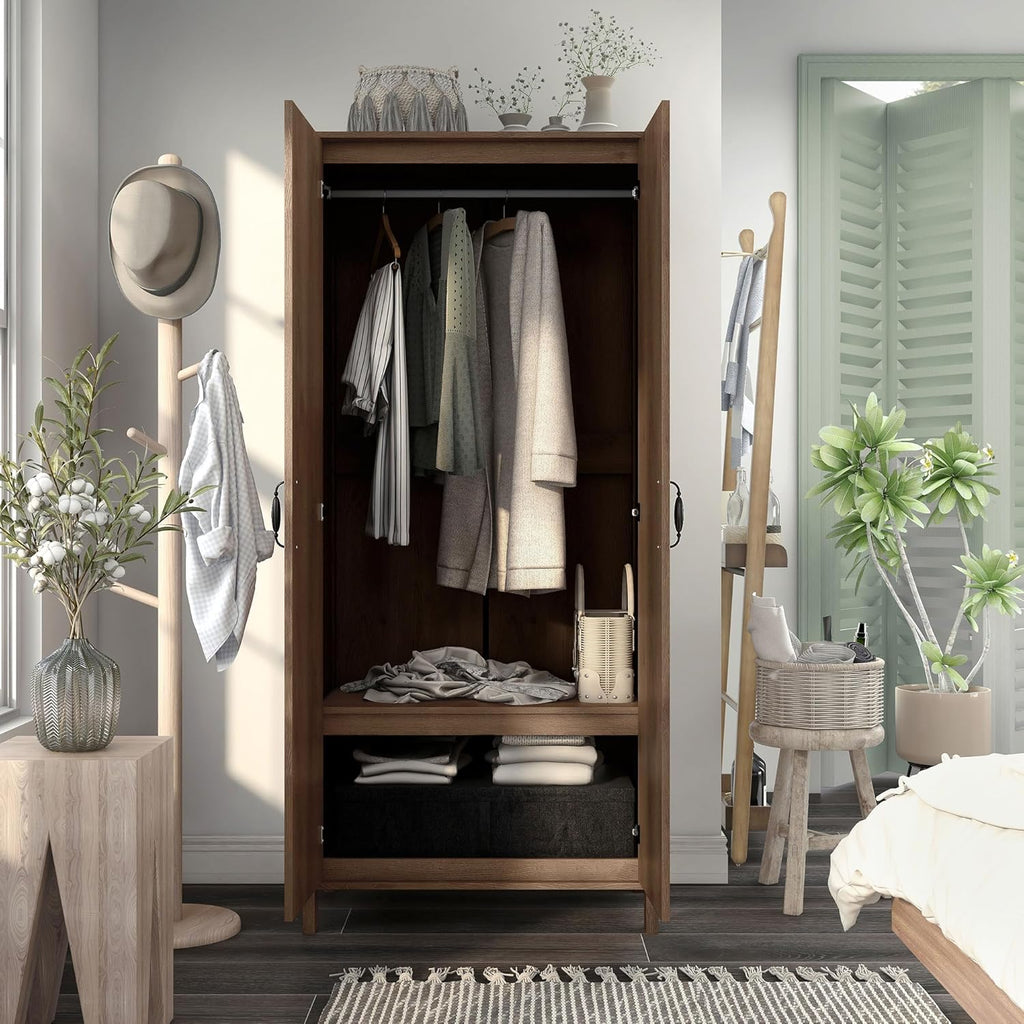 Walnut Brown 2-Doors Wood Armoire Wardrobe Closet with Fixed Shelves and Hanging Rack K57360