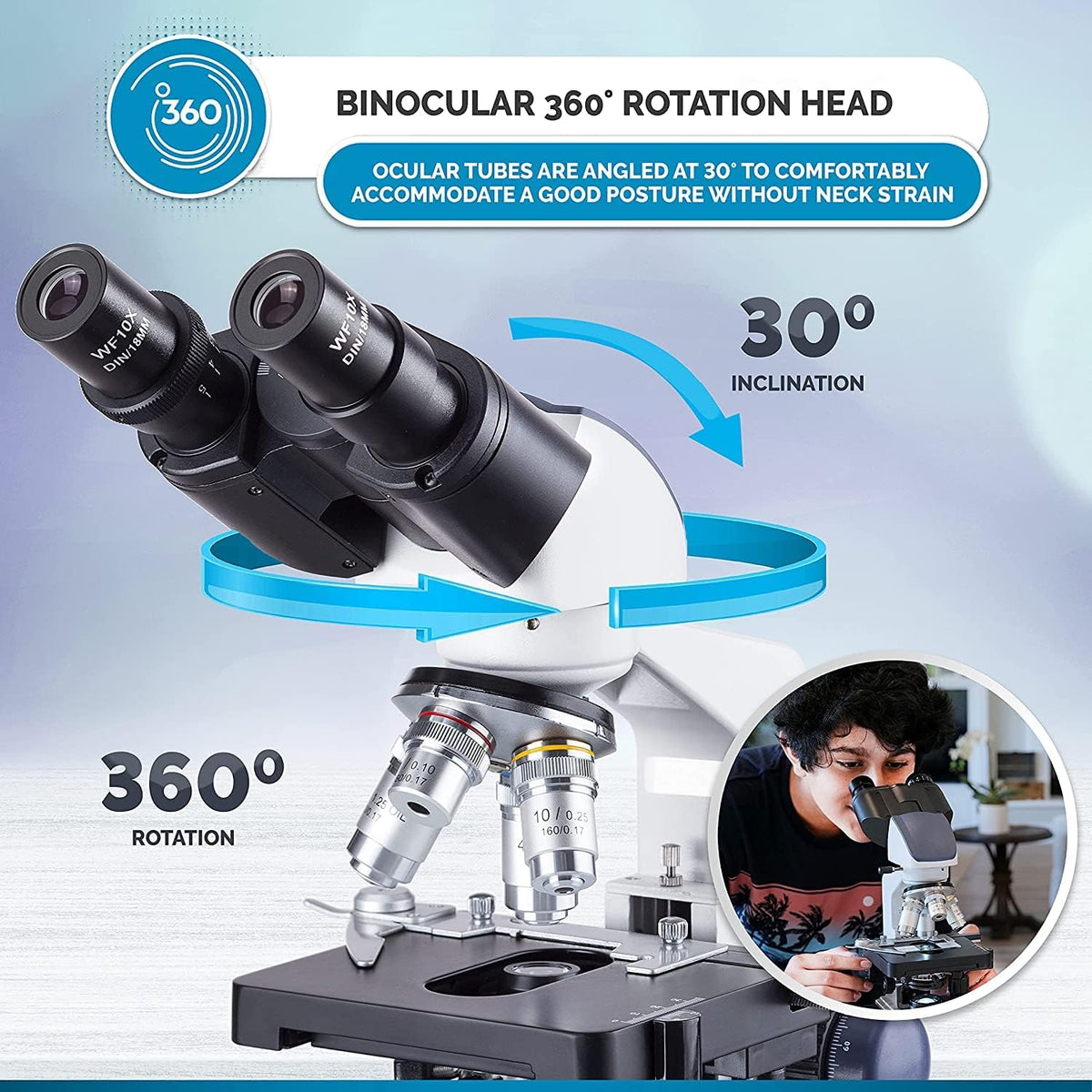 Binocular Compound Microscope, 40X-2500X Magnification, LED Illumination, Abbe Condenser, Two-Layer Mechanical Stage, 1.3MP Camera A9033
