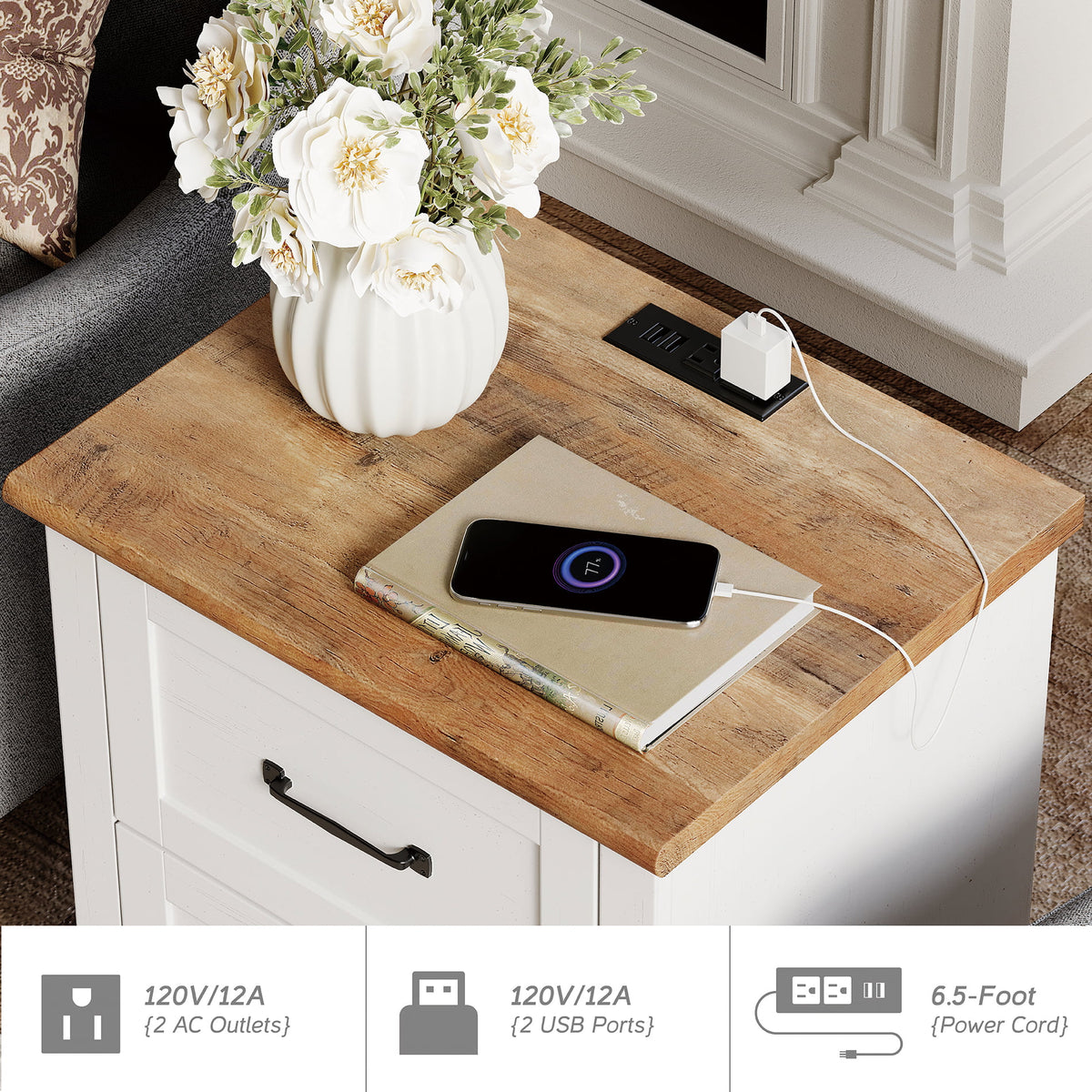 White Oak Set of 2 Wooden Nightstand with 2 Drawers P9393