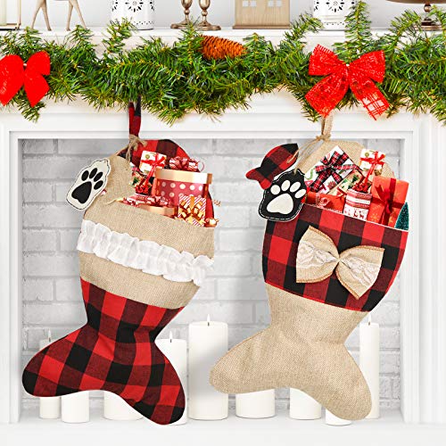 2 Pack 19 Inch Burlap Red Black Buffalo Plaid Christmas Stockings P419