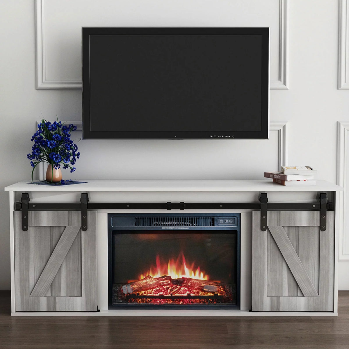 Farmhouse Sliding Barn Door Fireplace TV Stand L473344