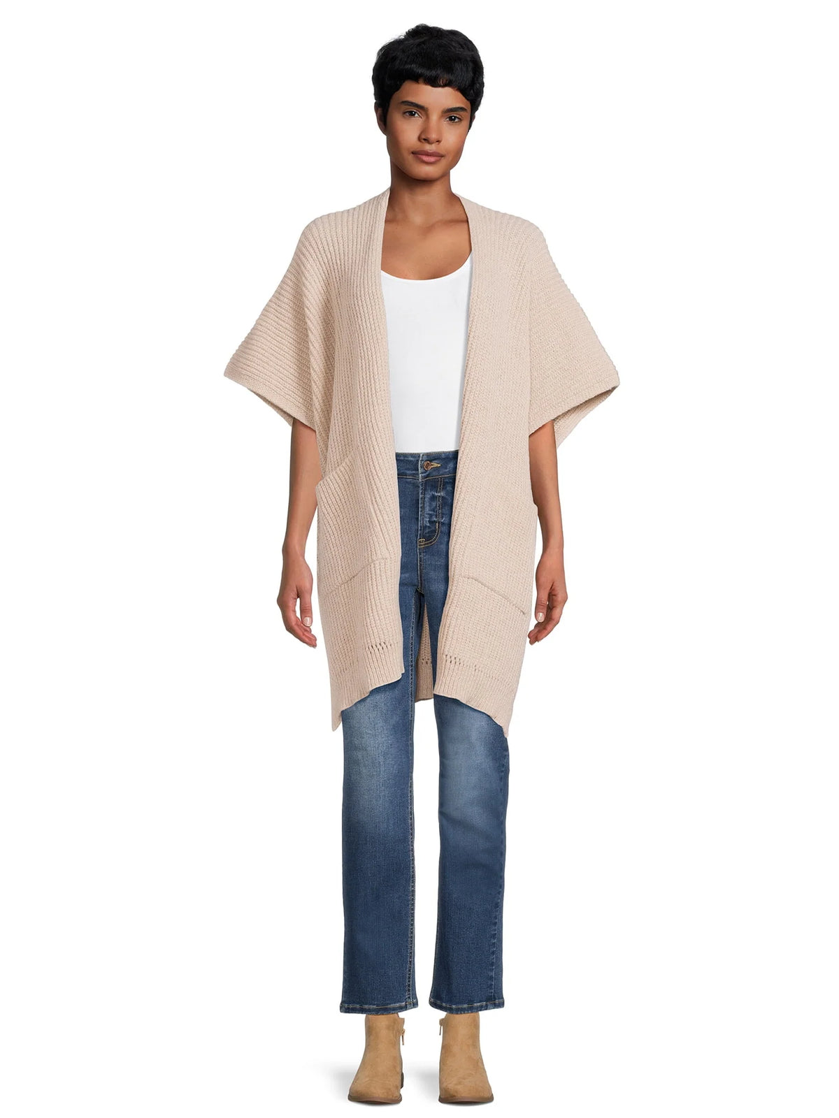 Ribbed Sweater Cape with Pockets C7553