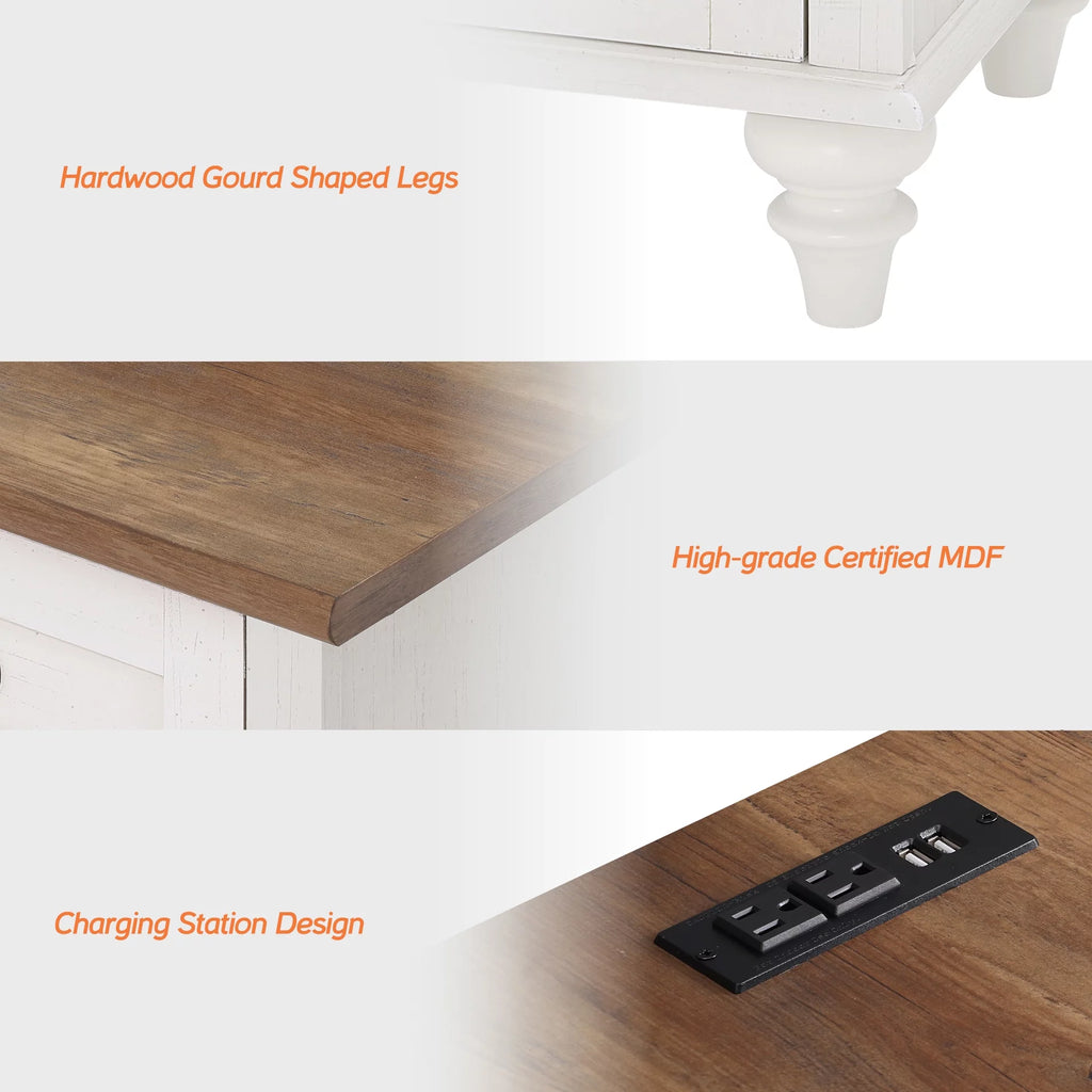White Oak Set of 2 Wooden Nightstand with 2 Drawers P9393