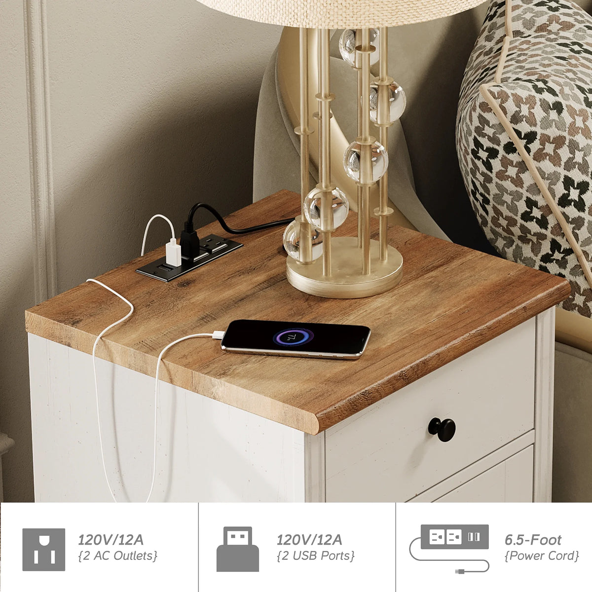 White and Oak 2 Drawer Nightstand with Open Shelf D222