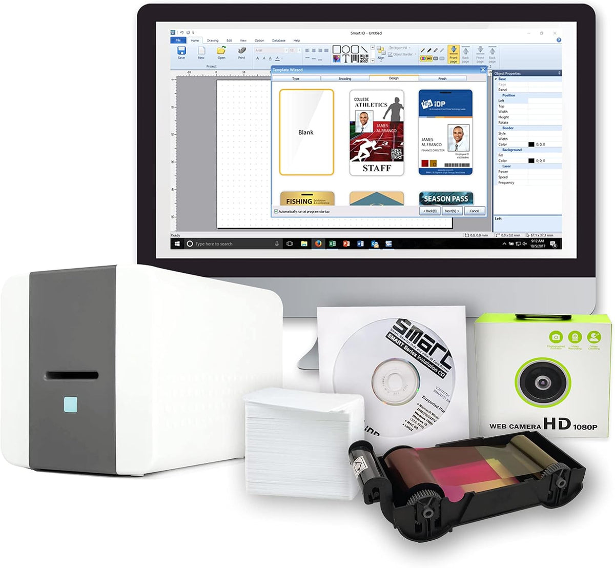 ID Card Printer Bundle with 100-Print YMCKO Color Ribbon, 100 PVC Plastic Cards and USB Camera K9759