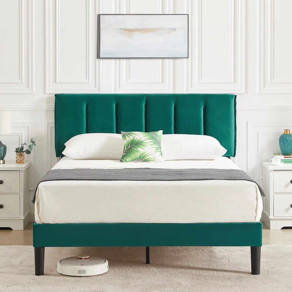 Queen Size Upholstered Platform Bed Frame with Adjustable Headboard O634946