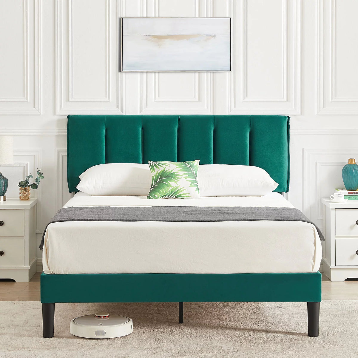 Queen Size Upholstered Platform Bed Frame with Adjustable Headboard O634946