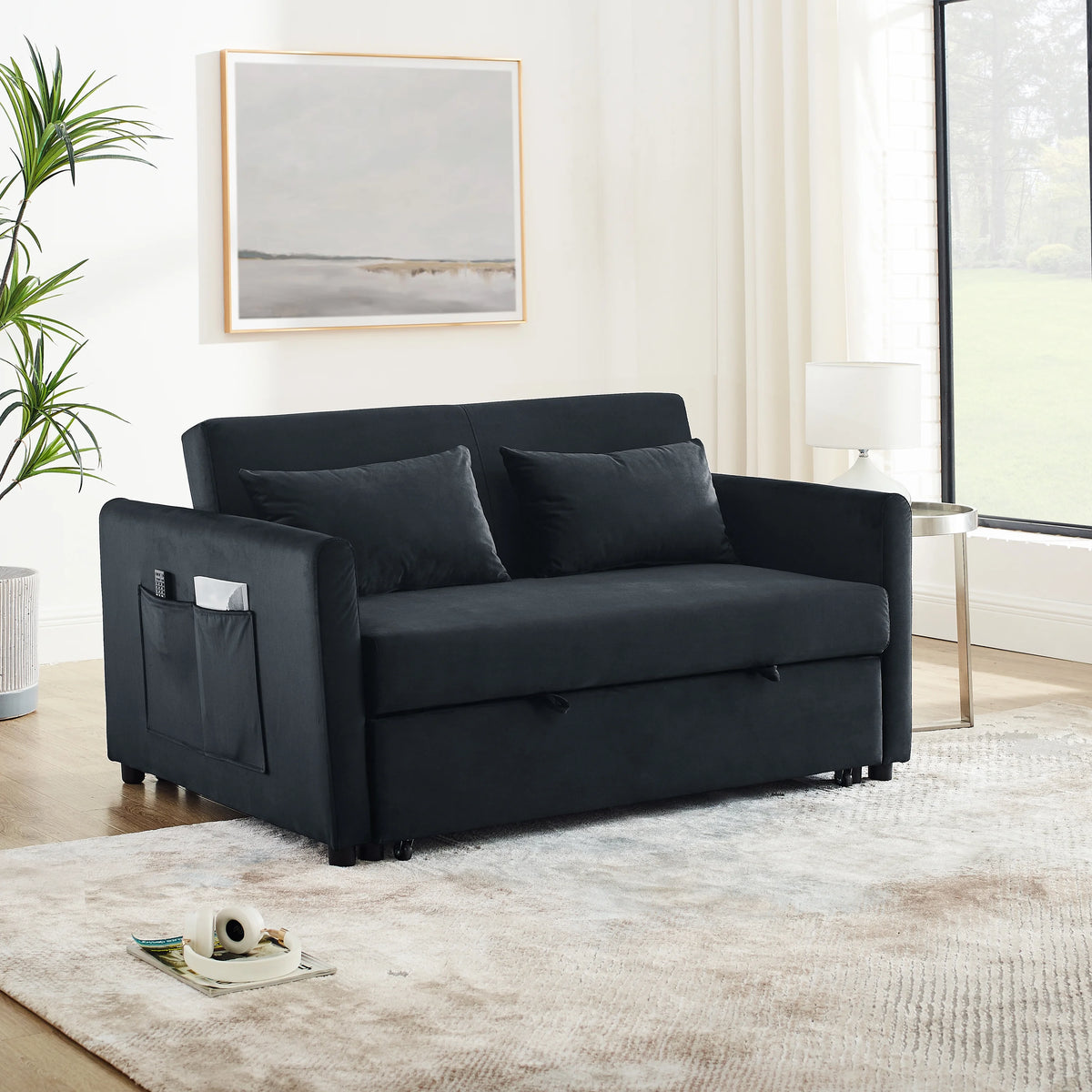 Black Velvet Convertible Sofa Bed I21876