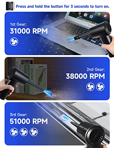 Compressed Air Duster 3-Gear 51000RPM Cordless Rechargeable LED Light Black P88348