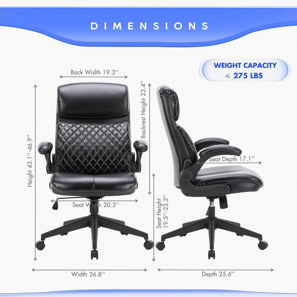 Black Leather High Back Executive Office Chair with Padded Flip-up Arms V1592