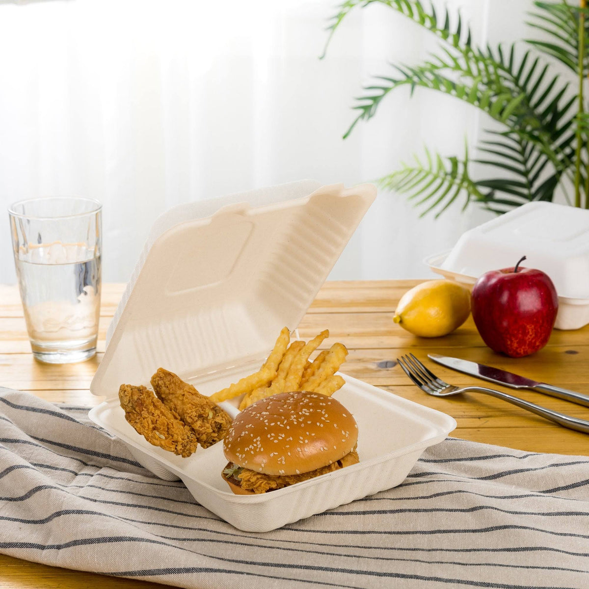 10 inch Natural Compostable Sugarcane Sectional Clamshell Containers, 300 Pack P24228