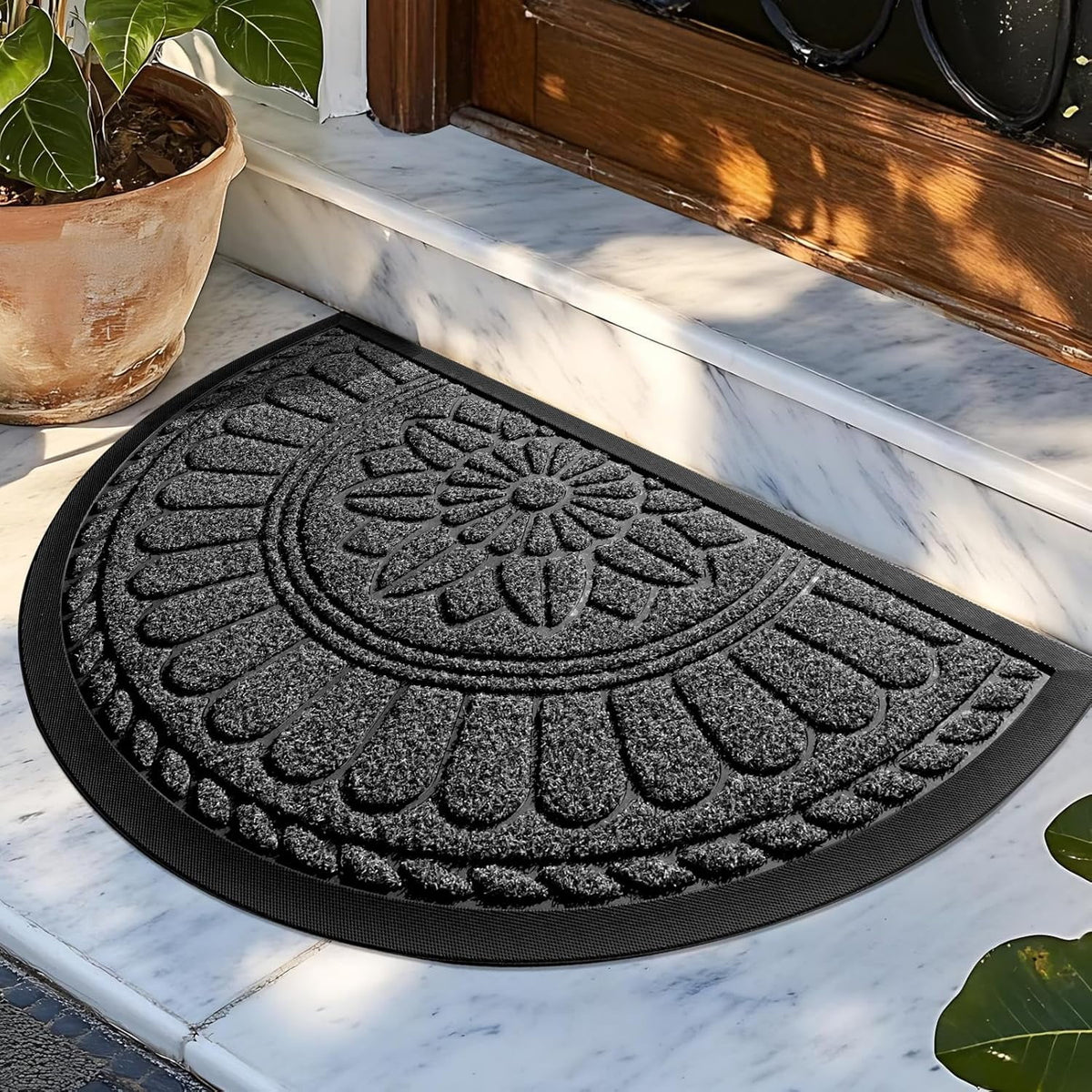 Half Round Door Mat, Non-Slip Rubber Low-Profile Doormat, 23.5" x 35.5", Gray J260400