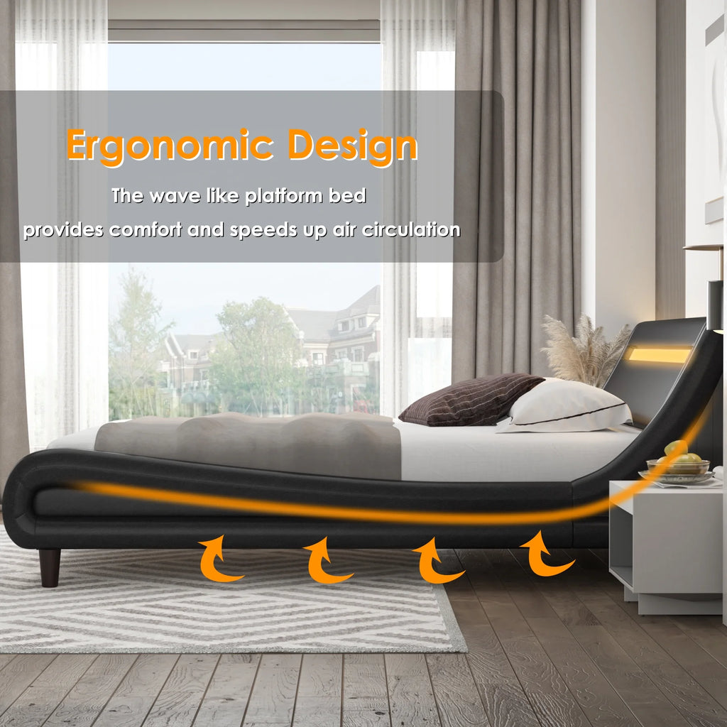 Full LED PU Upholstered Platform Bed with Adjustable Headboard A9977