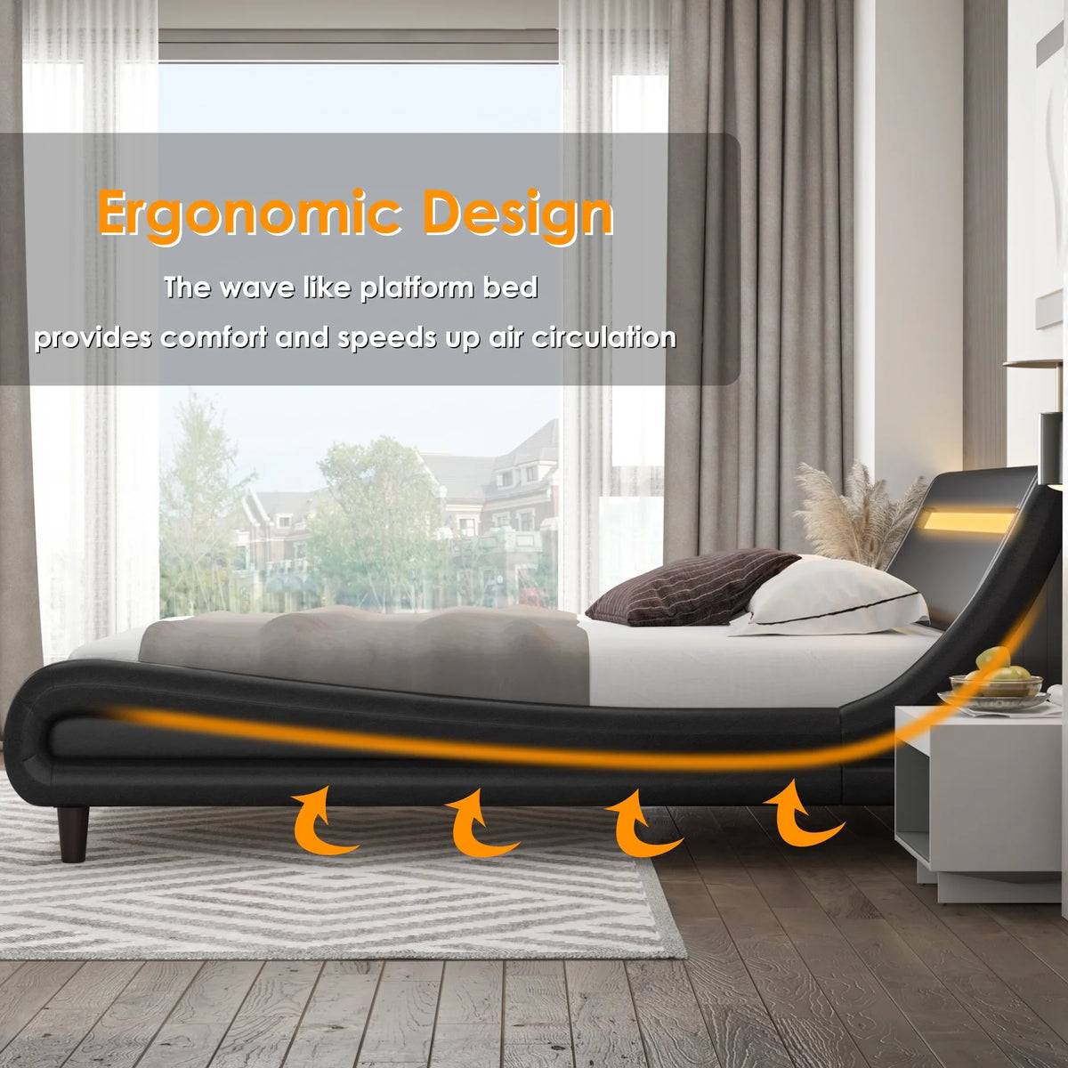 Full LED PU Upholstered Platform Bed with Adjustable Headboard A9977