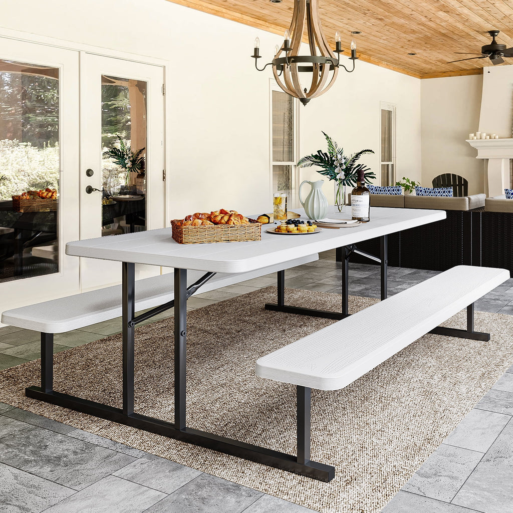 6ft Folding Picnic Table and Bench with Resin Tabletop Steel Frame White H9338