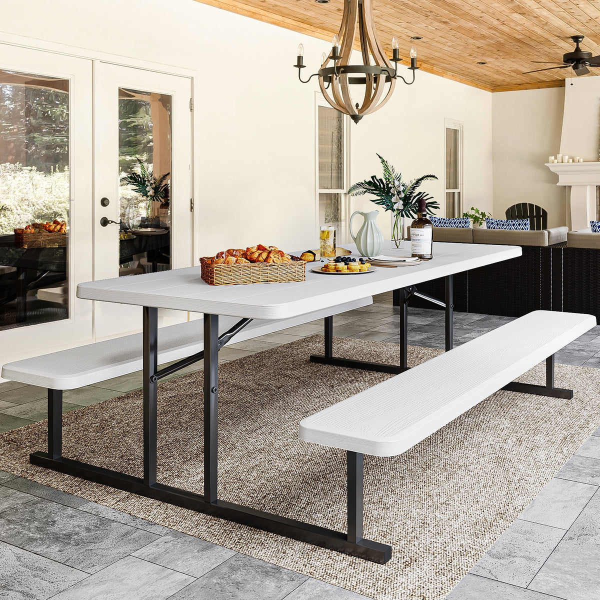 6ft Folding Picnic Table and Bench with Resin Tabletop Steel Frame White H9338