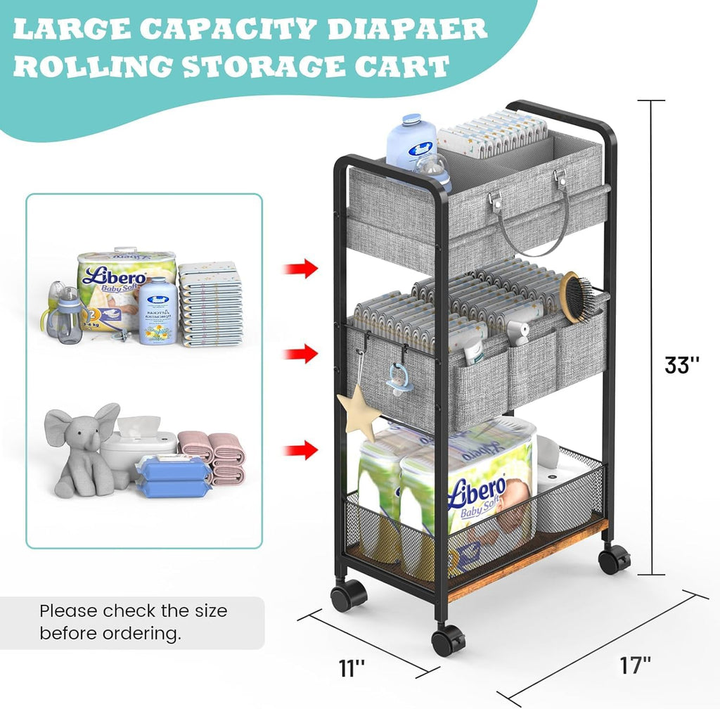 3-Tier Rolling Metal Diaper Cart with Dividers V404743