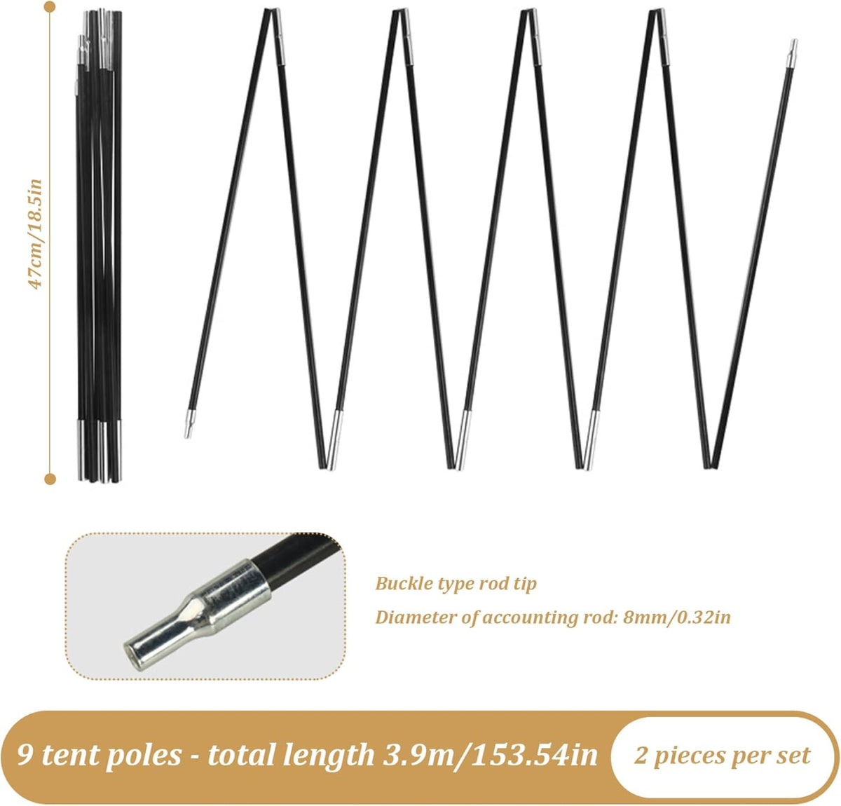8mm 12.8ft Length Adjustable Fiberglass Tarp Poles 18 Sections D3952