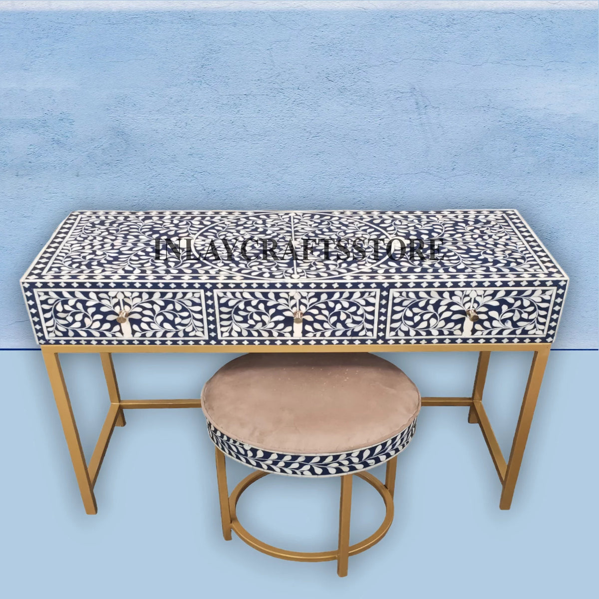 Bone Inlay 3 Drawers Console and Stool Indigo Blue M725