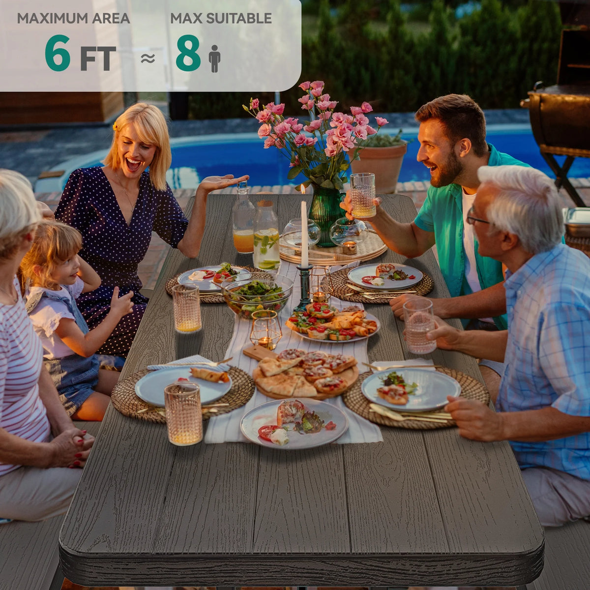 6ft Folding Picnic Table and Bench with Resin Tabletop Steel Frame White H9338