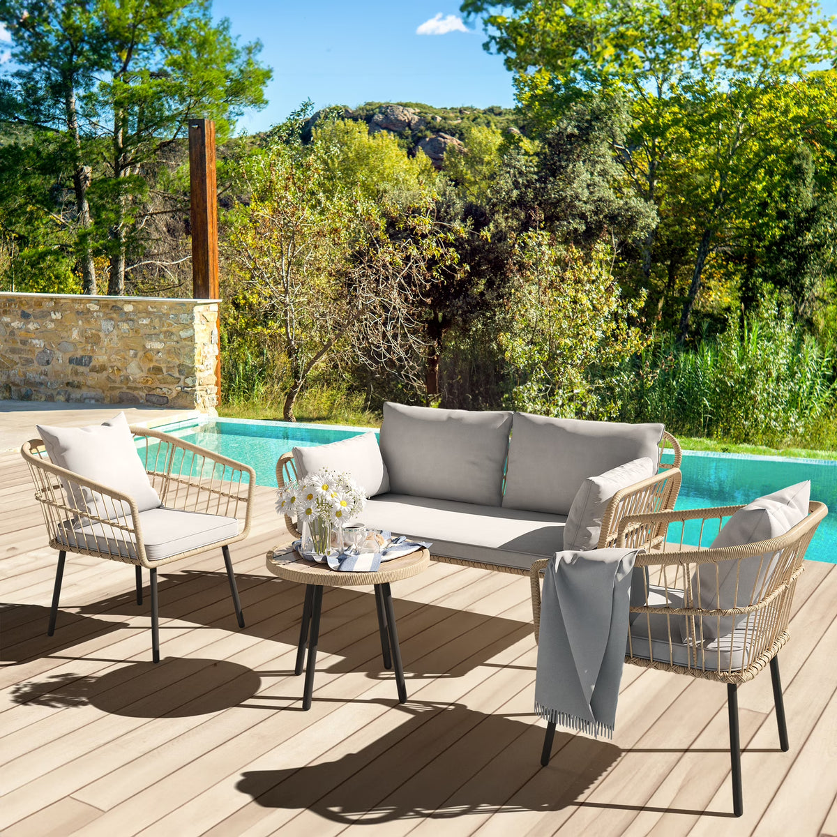 Gray 4 Piece Wicker Patio Furniture Set with Cushions G91669