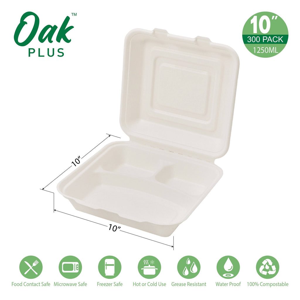 10 inch Natural Compostable Sugarcane Sectional Clamshell Containers, 300 Pack P24228