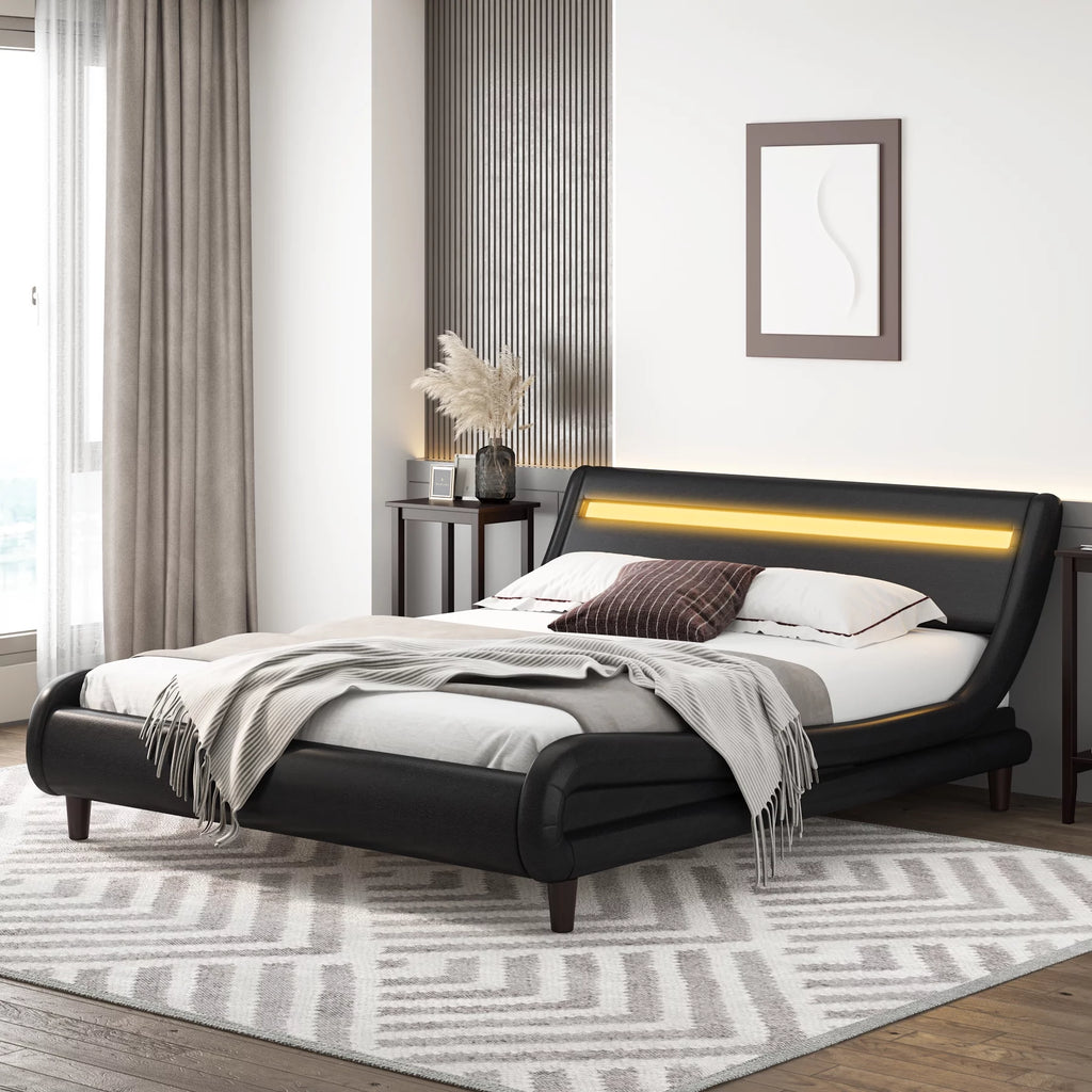 Full LED PU Upholstered Platform Bed with Adjustable Headboard A9977