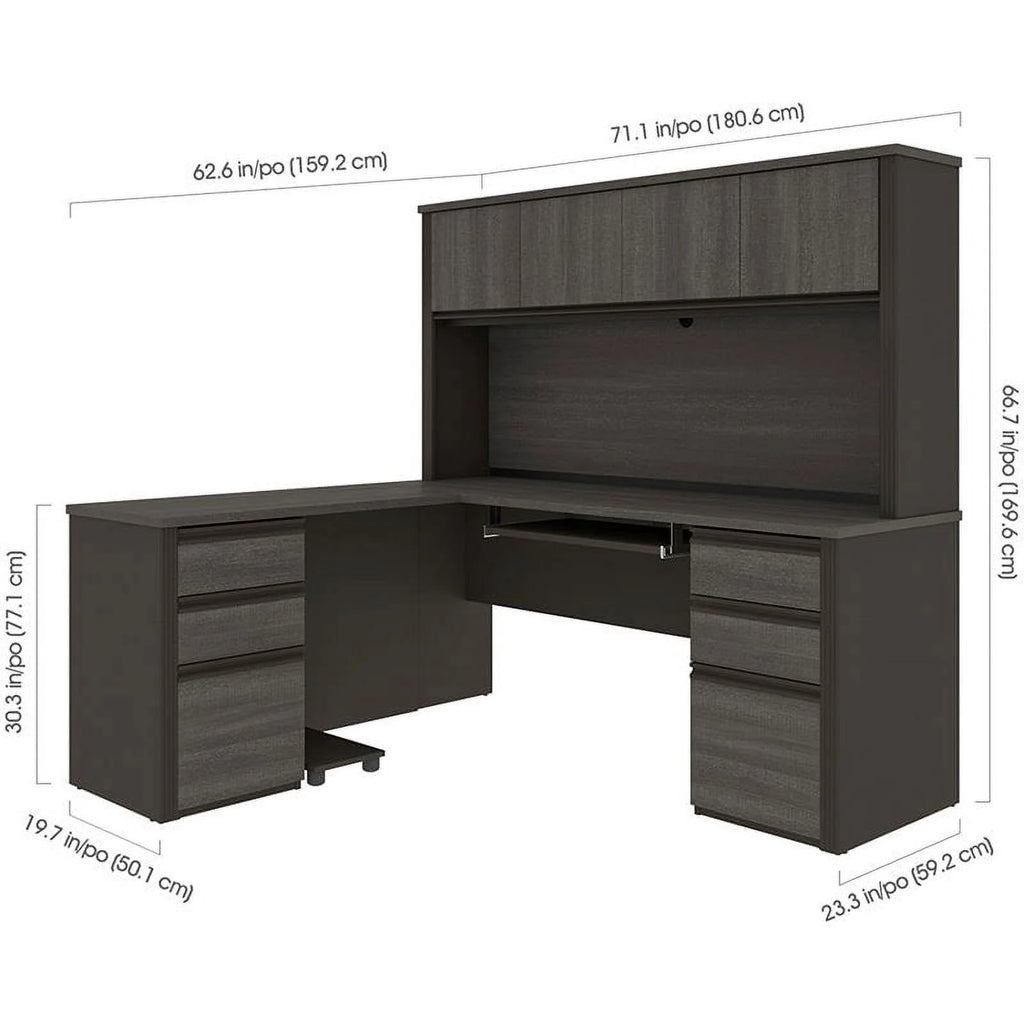 6 Piece Wood L Shaped Computer Desk with Hutch in Bark Gray T681885