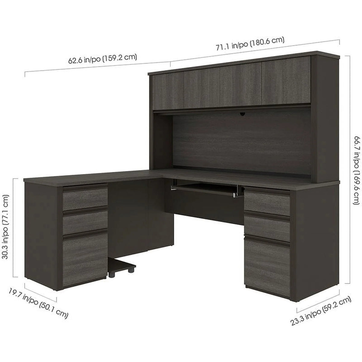 6 Piece Wood L Shaped Computer Desk with Hutch in Bark Gray T681885